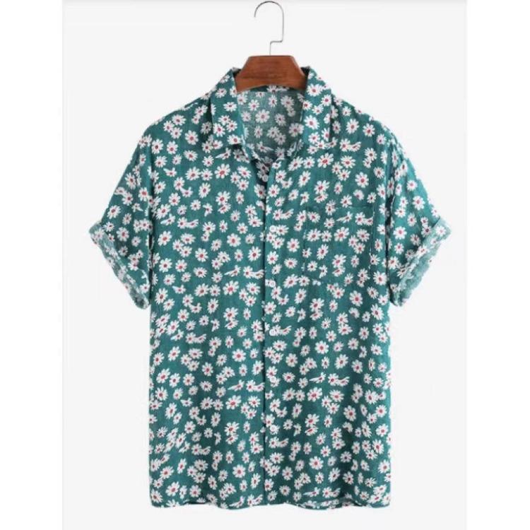 Summer Casual Men Floral Pattern Daisy Shirt Short Sleeved Fashion Shirt S зелёный