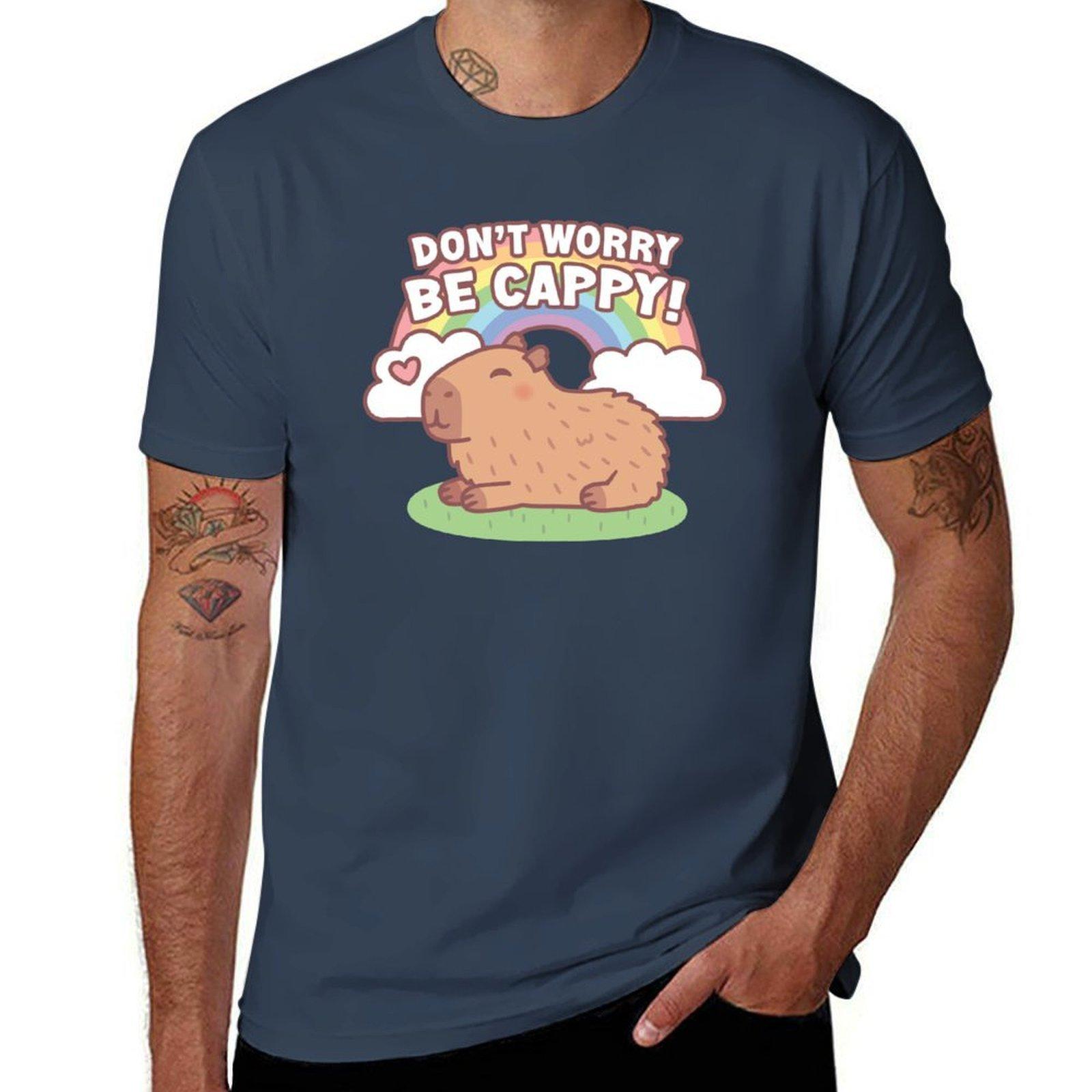 Cute Capybara And Rainbow Dont Worry Be Cappy Tshirt Active Sports Short Sleeve Cotton Shirt S