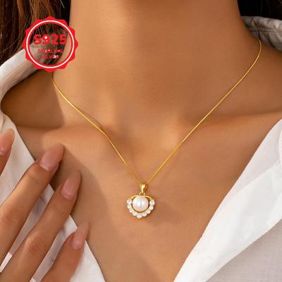S925 Sterling Silver Heart Pendant Necklace with Freshwater Pearl, Light Luxury Clavicle Chain