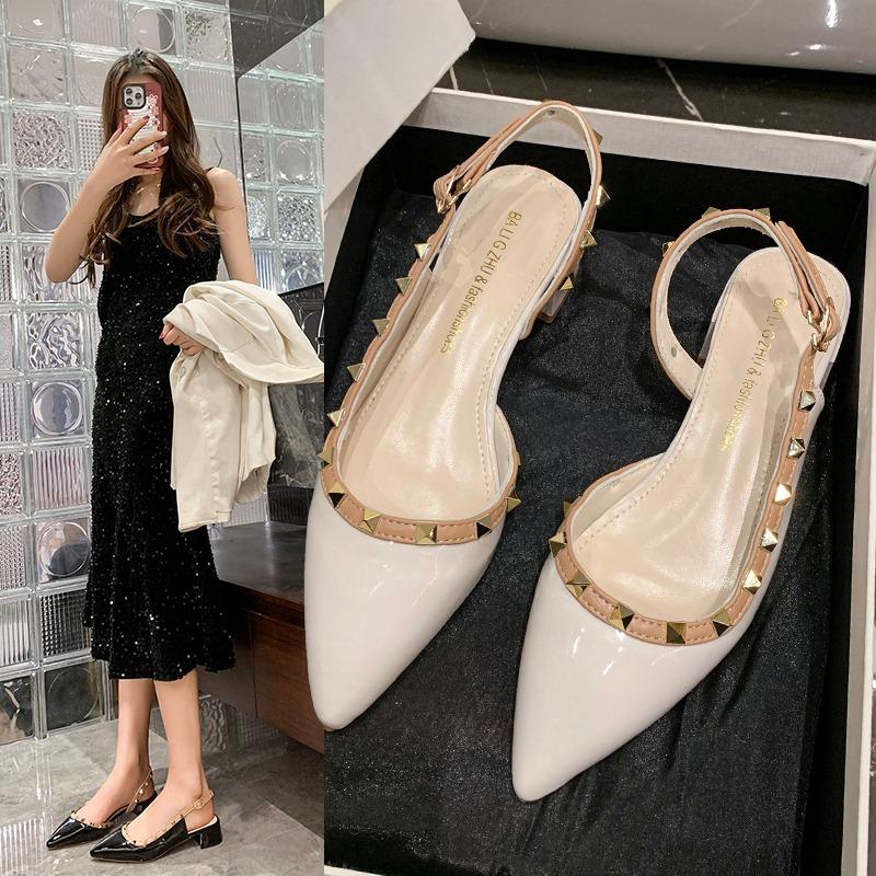 2025 Fashion New Style Studded Pointed Toe Flats Leather Open Toe Sandals Women's Sandals Women's Flats  Shoes