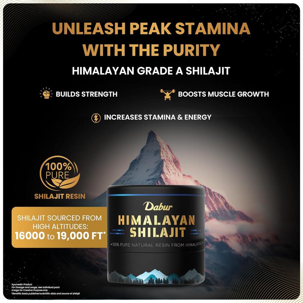 Dabur Himalájská pryskyřice Shilajit 10 g | Dávka 250 mg | Podpořte růst svalů, vytrvalost a energii přirozeně