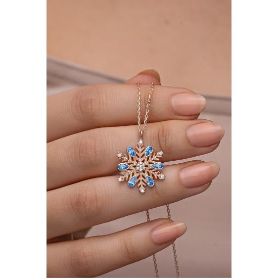 Colier fulg de nea cu piatra acvamarin placat cu trandafiri din argint 925