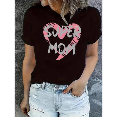 Europäische Größe Damen Oversized 'Super Mom' Grafik-T-Shirt mit Rosa Herz Kräftige Schrift - Weiches Stretch Rundhals Kurzarm Top