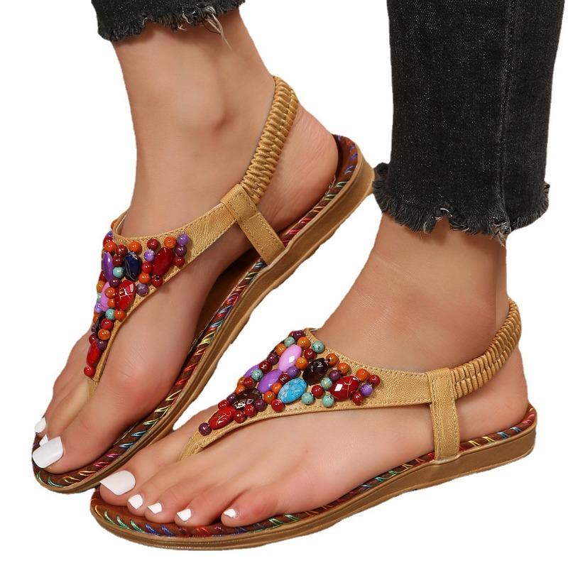 Sandals women's summer new beach shoes herringbone beaded flat sandals large size women's sandals