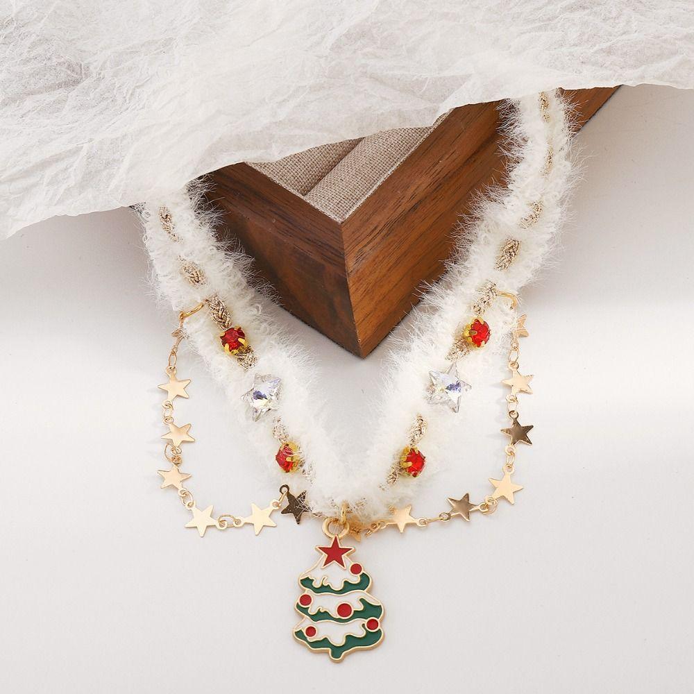 Sweet Bow Pendant Necklace Christmas Tree Xmas Clavicle Chain Christmas Plush Choker  Girls