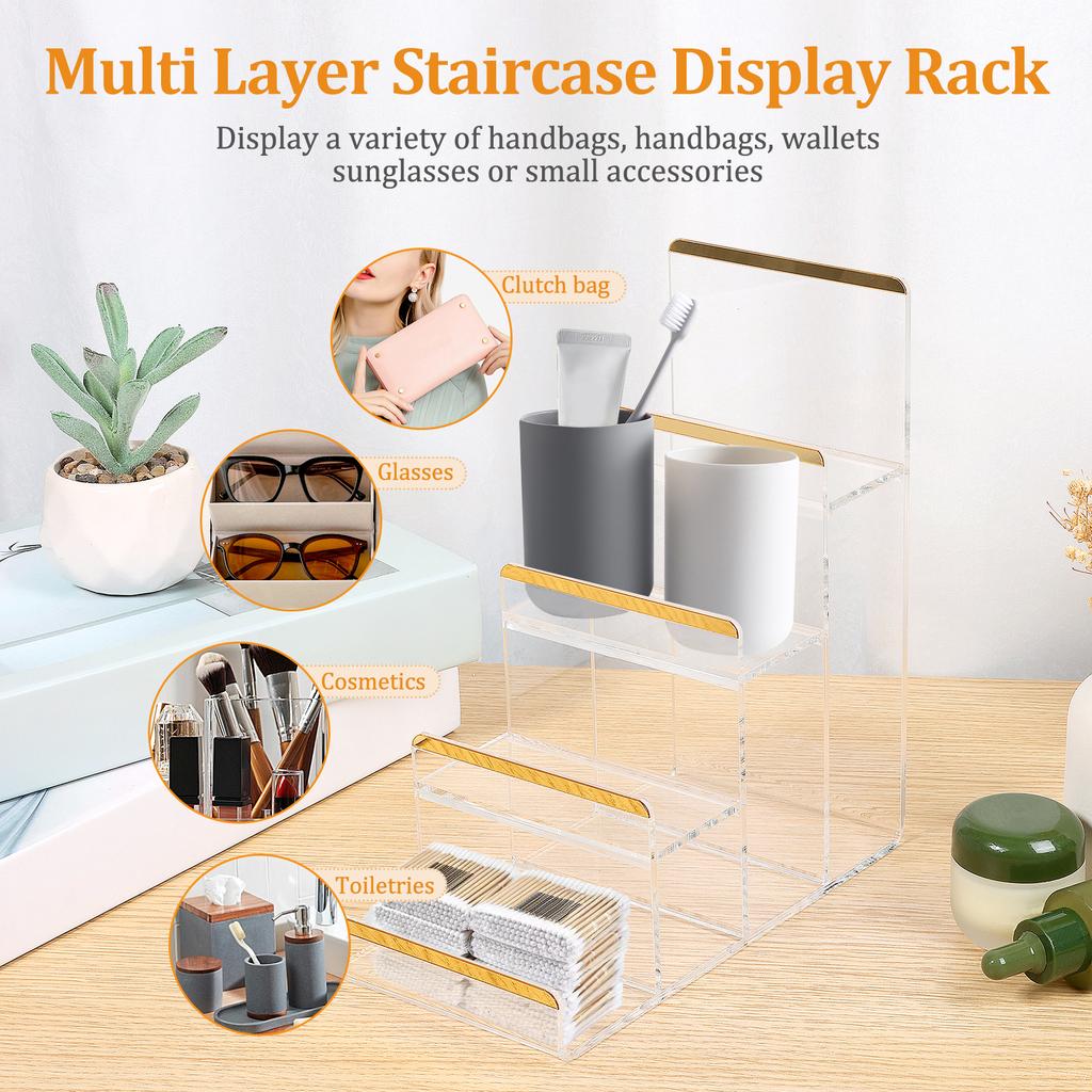 2 Pcs Acrylic Display Stand 3/4 Tier Wallet Display Stand Women Handbag Purse Display Shelf Jewelry Racks Makeup Storage Shelves