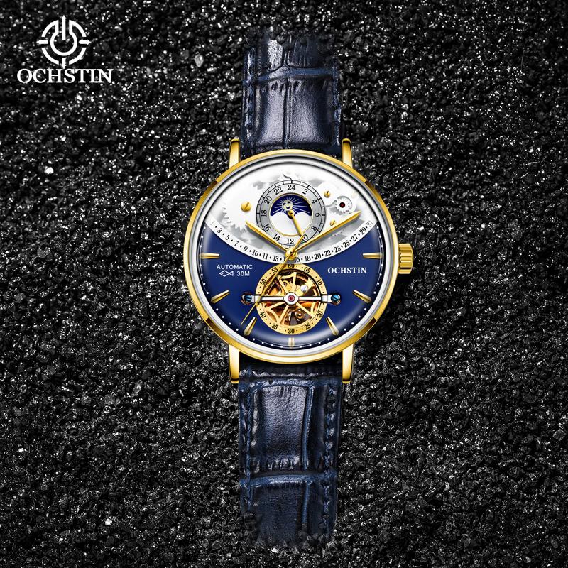 Ochstin New Model Sun And Moon Fully Automatic Watch Flywheel Mechanical Movement Watch Leather Strap Men's Mechanical Watches