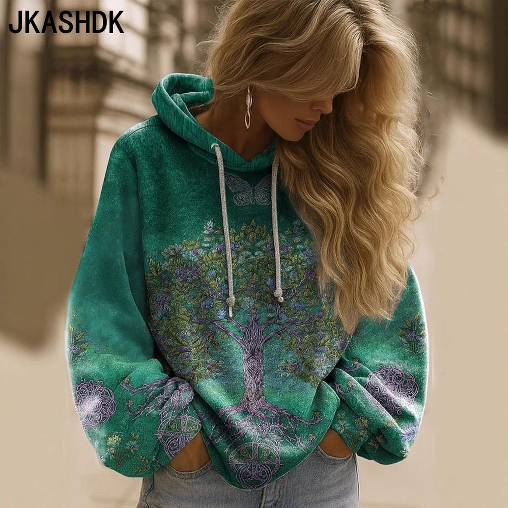 JKASHDK Damenmode Lässig Blumenmuster Druck Langarm Kapuzenpullover & Sweatshirts