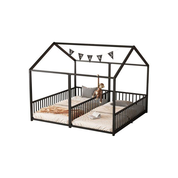 Lit d'enfant - MUVOE - 90x200 cm - Métal noir - Garde-corps sécurisé - Design créatif