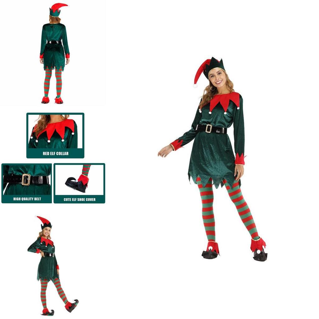 Women's Xmas Elf Cosplay Costume Soft Velvet Skirt With Bells Serrated Cuffs