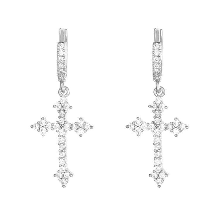 Sophisticated Small CZ Crosses Earrings Elegant Hoop Earrings With Diamonds Inlayed Crosses Pendant For Stylish Women