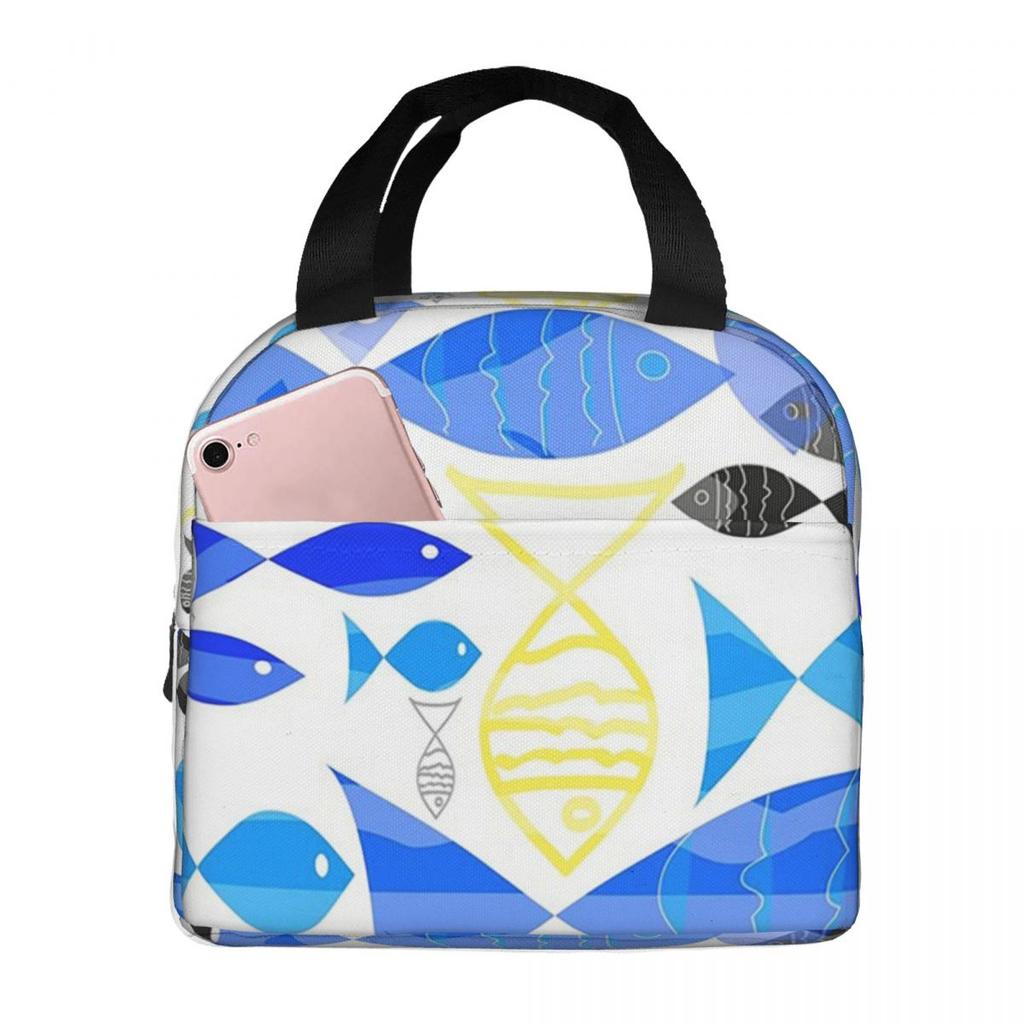 Blue School Of Fish Cartoon Insulated Lunch Bag for Women Children Portable Food Boxes Thermal Lunch Box Tote