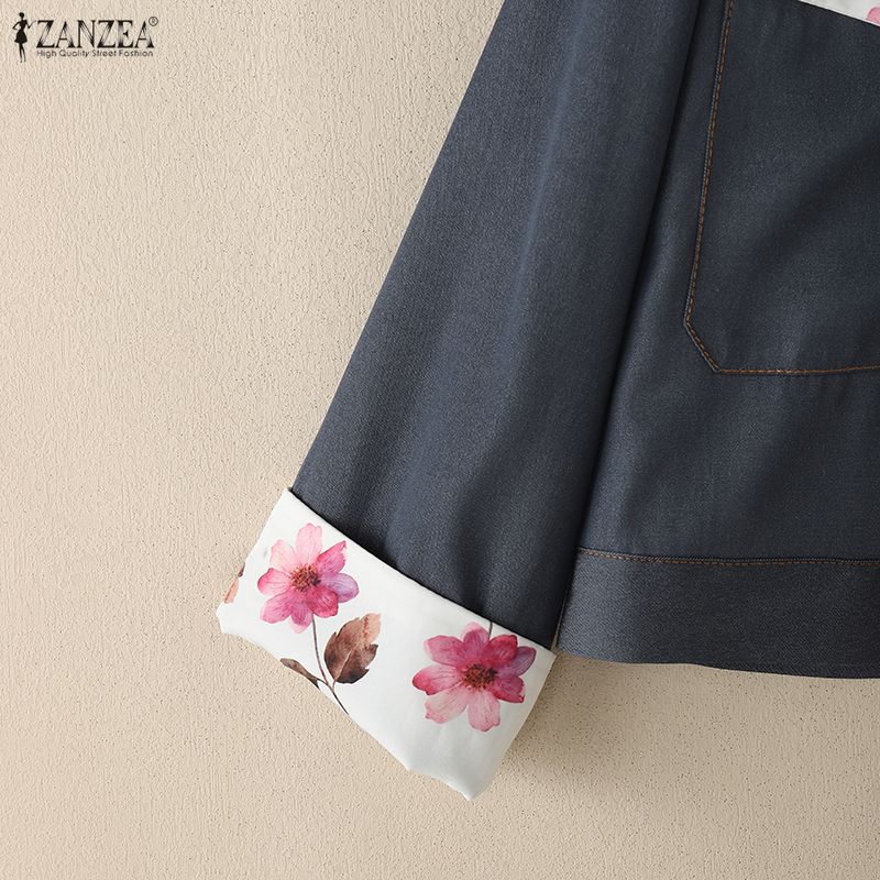 ZANZEA Women Floral Splice Turn Down Collar Long Sleeve Casual Blouse