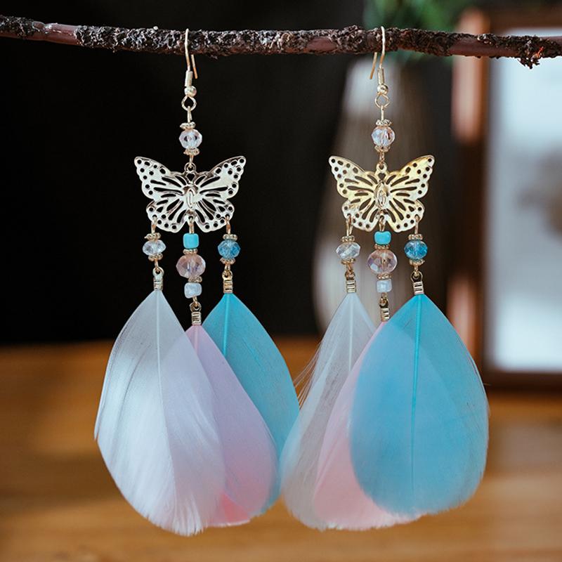 Modische Böhmische Bunte Federohrringe für Damen Ethnischer Stil Lange Geometrische Ohrringe Damen Schmuck Accessoires Geschenk