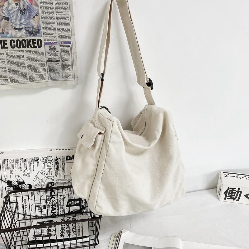 Lazy Canvas Bag Ins Japanese Retro Simple Vintage Vintage Literary Shoulder Bag Women's Personality Wide Shoulder Strap Cross-body Bag