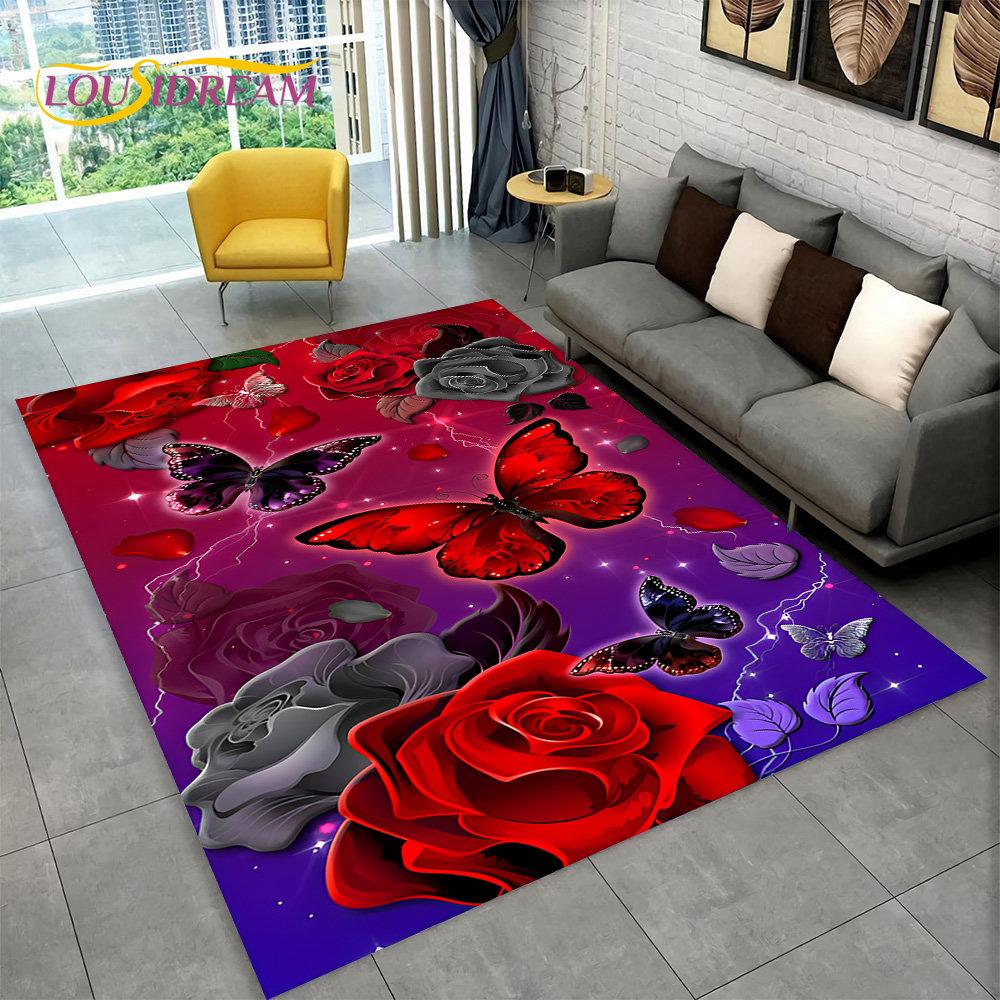 Dream Butterfly Flower Area Rug Large,Carpet Rug for Home Living Room Bedroom Sofa Doormat Decor,Kid Play Non-slip Floor Mats