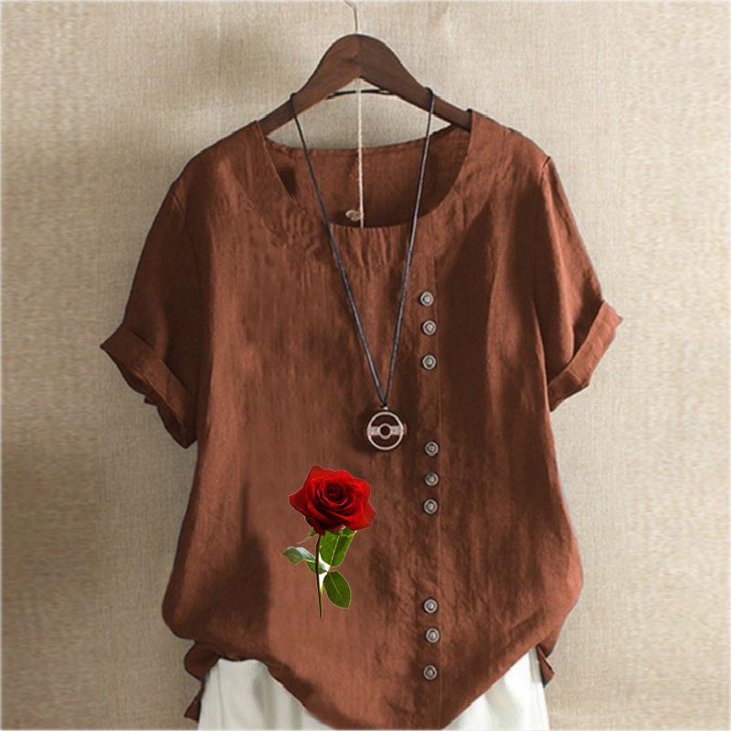 Women's New Fashion Linen Shirt Round Neck Short Sleeve Rose Printed T-shirt Summer Ladies Casual Plus Size Blouse Tops