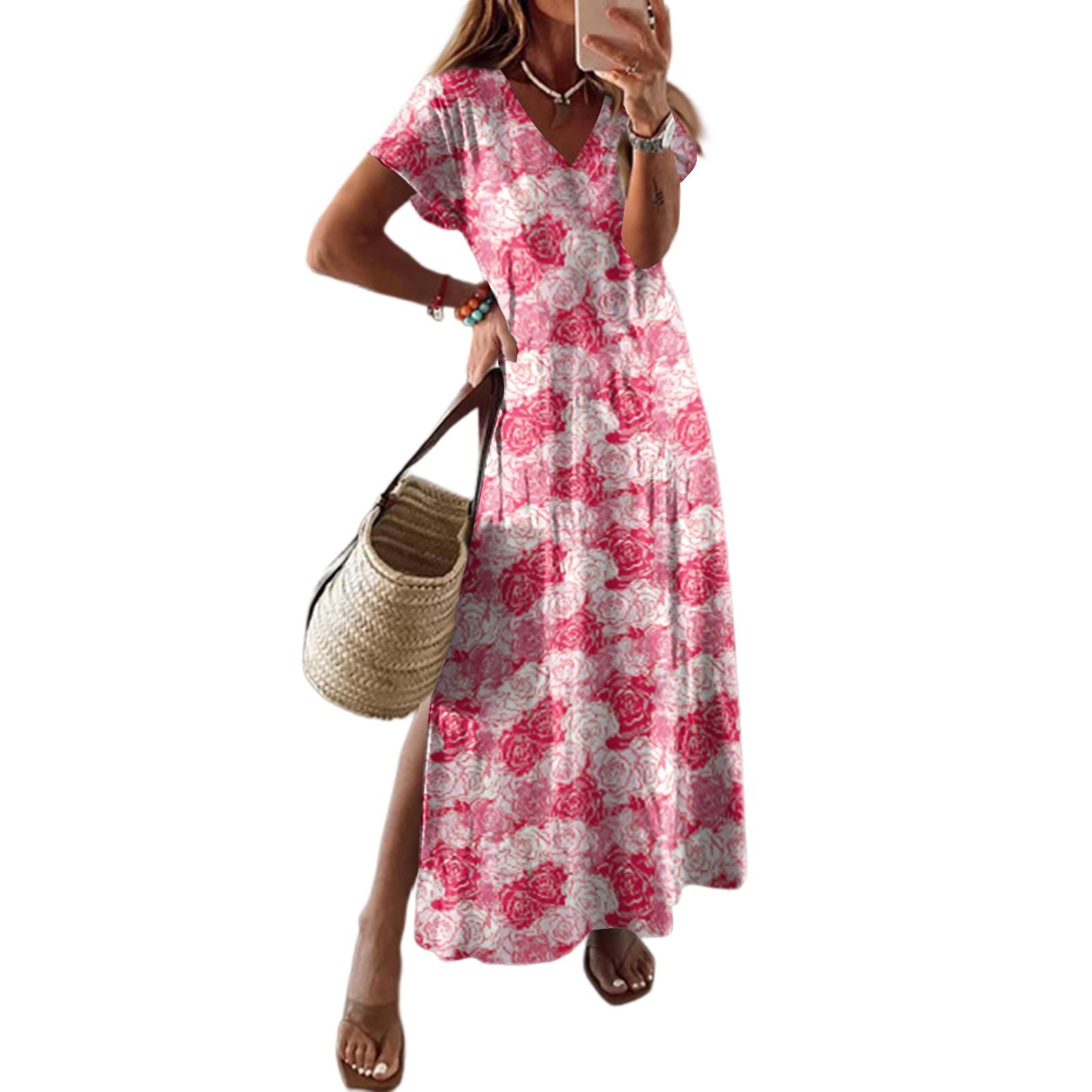 

Жіноча літня квіткова сукня з коротким рукавом, пляжна сукня з кишенями, повсякденна довга футболка з V-подібним вирізом і розрізом для подорожей, відпустка XXL