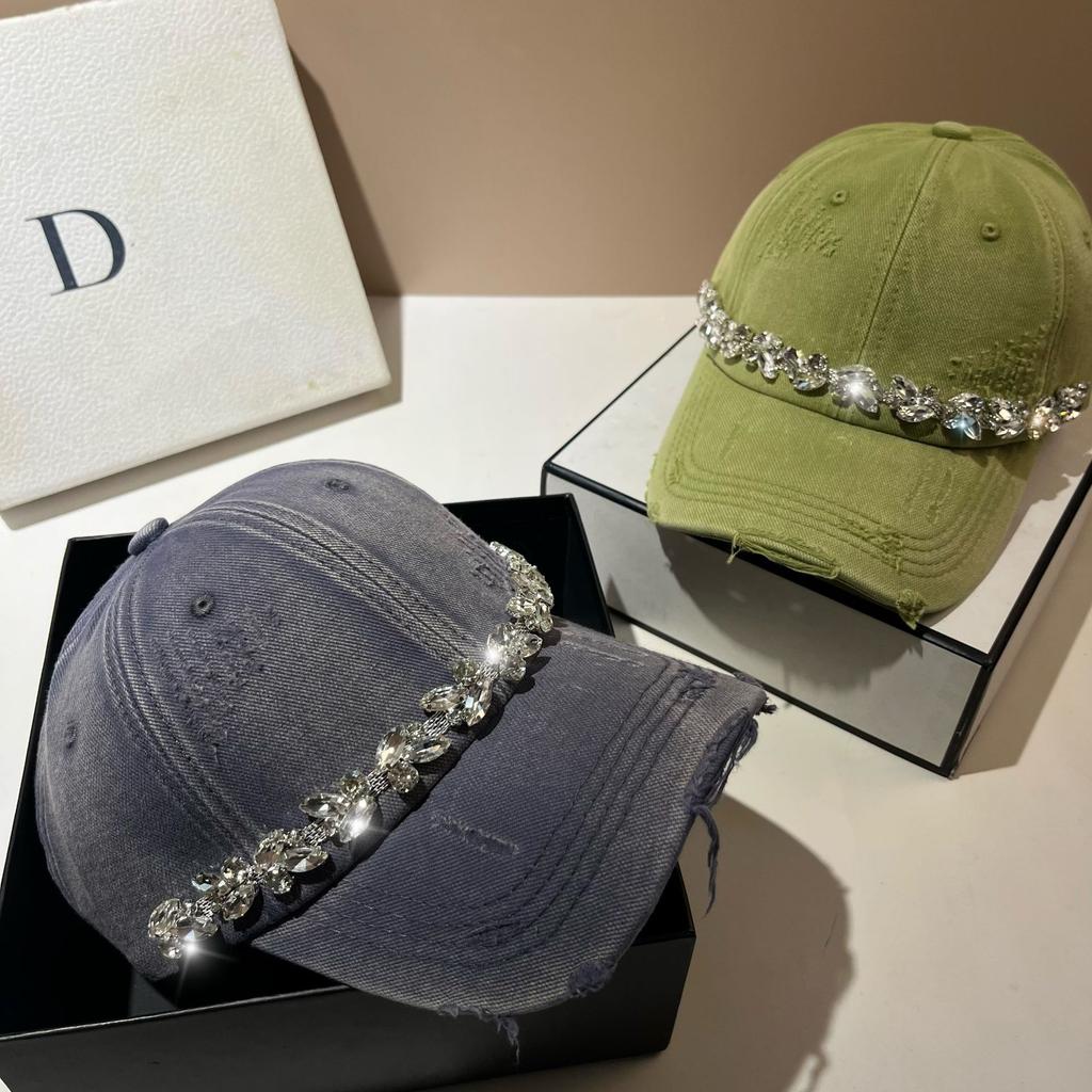 Light Luxury Rhinestone Cap Washed Cotton Ripped Baseball Cap Trendy Casual Versatile Women'S Hat