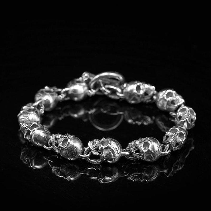 S925 Silber Amerikanischer Garber Stil Handgefertigte Totenkopf Motorrad Handband Trend Männer und Frauen Skelett Vintage Punk Armband