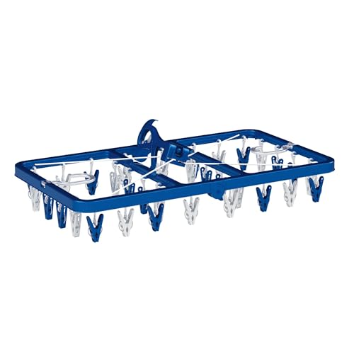 Towa Sangyo Laundry Drying Rack with LST Side Hooks, 32 Pinch Clothes Hangers, Blue, Anti-Tilt, Double Hooks, Large, Approx. 33cm Wide X 60cm Deep X 3