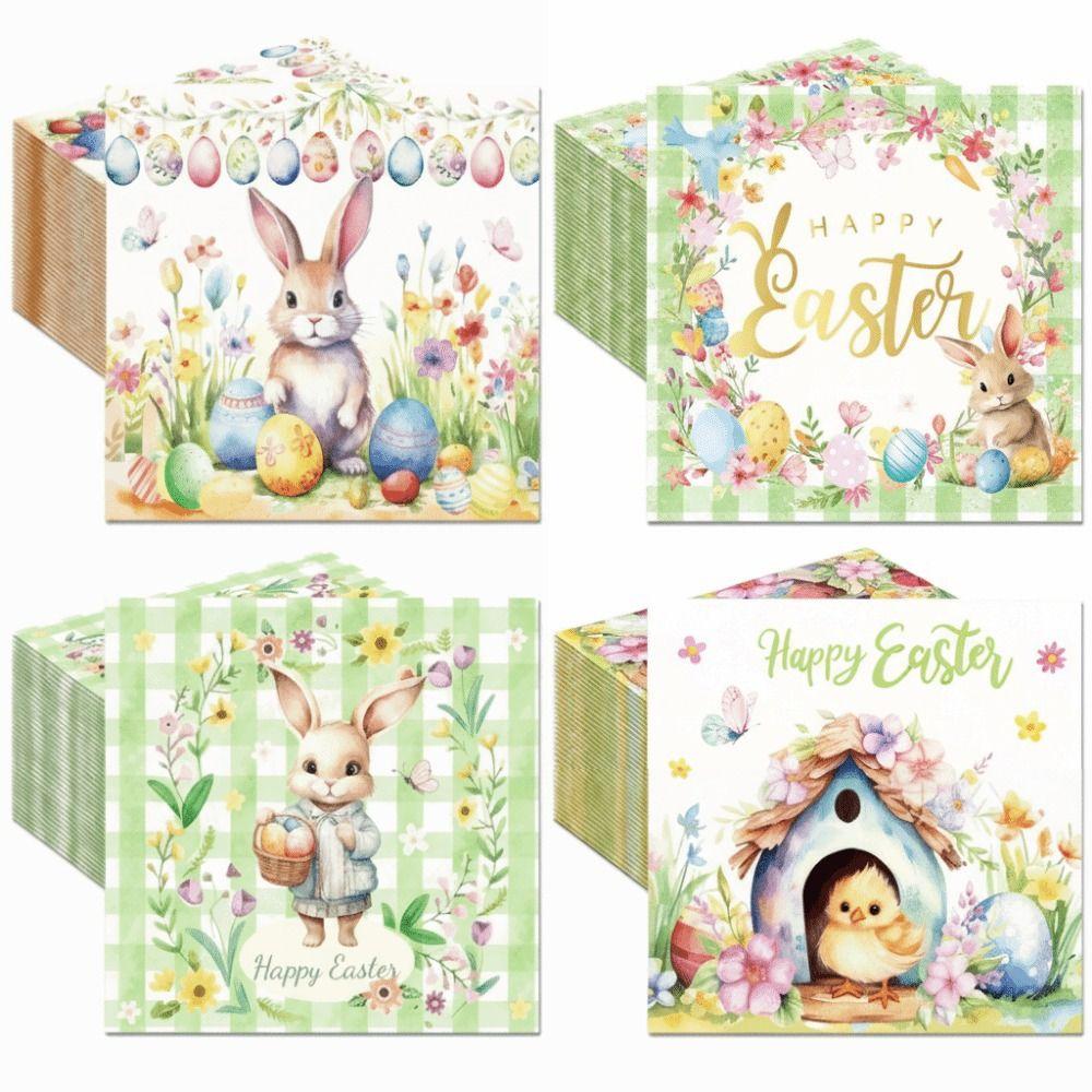 Colorful Easter Printed Napkins Handmade Printed Design Party Decoration Supplies 20 Pieces Easter Bunny Napkins Placemats Use