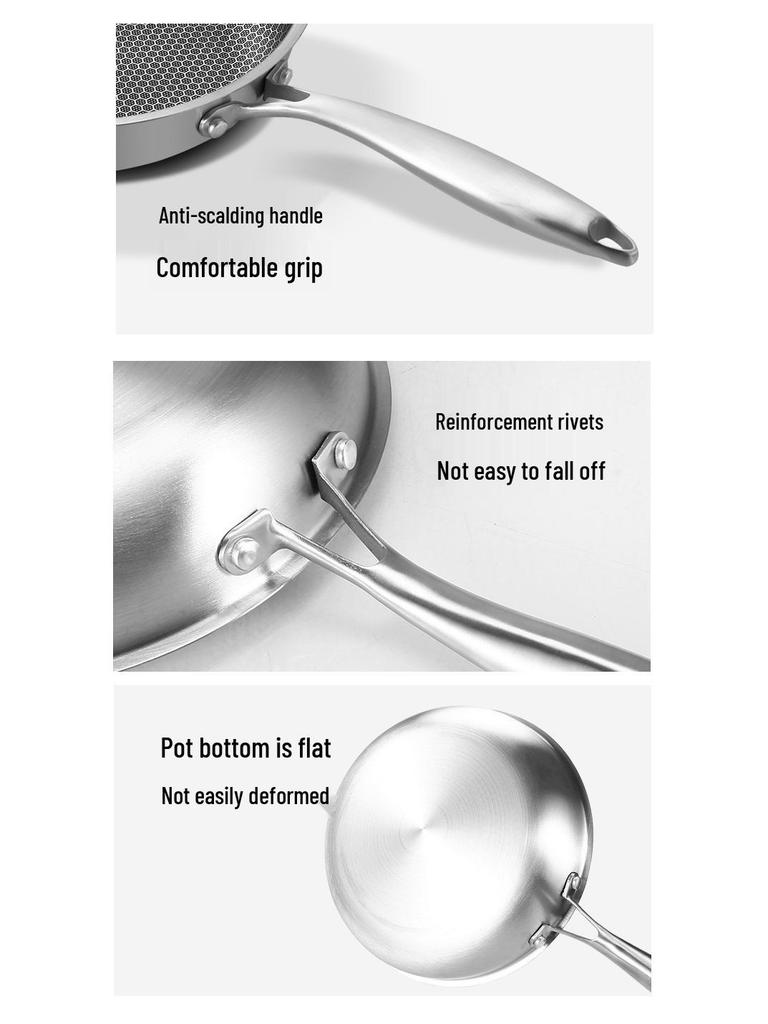 Non-stick Stainless Steel Honeycomb Frying Pan, Flat-bottom, Low Oil Smoke for Frying Steak and Eggs