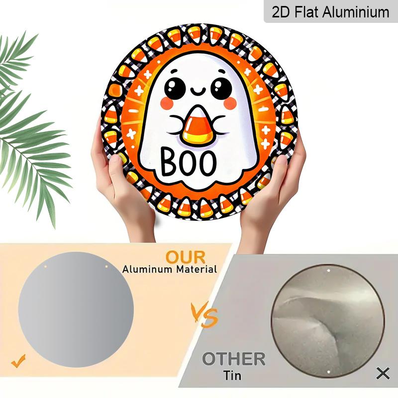 2D Flat, 1pc Round Aluminum Hanging Sign, Halloween Candy Corn Round Sign - Spooky "BOO" Decor for Home, Kitchen, Garage, Garden, Yard, And Office