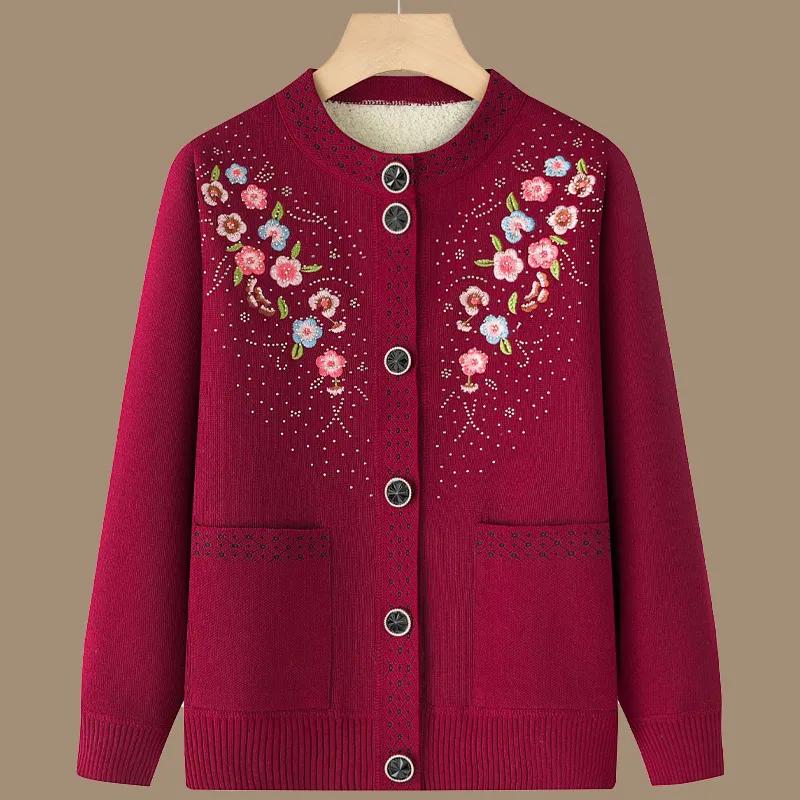 Jachetă Cardigan Tricotată din Fleece de Catifea pentru Femei, Mame de Vârstă Mijlocie și Vârstnice, Toamnă Iarnă, Pulover Gros, Top, Jachetă Caldă Largă