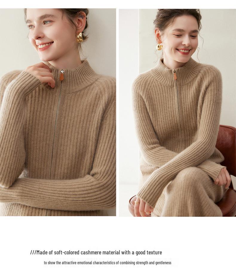 Women's Winter 2026 Double Zipper Slimming Cashmere Cardigan - Half-High Collar Ribbed Gentle Style Outerwear