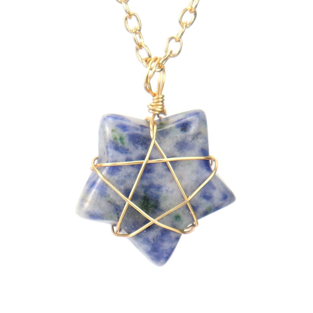 Hand-Wound Gold Natural Crystal Agate Pentagram Tiger Stone Star Necklace N583