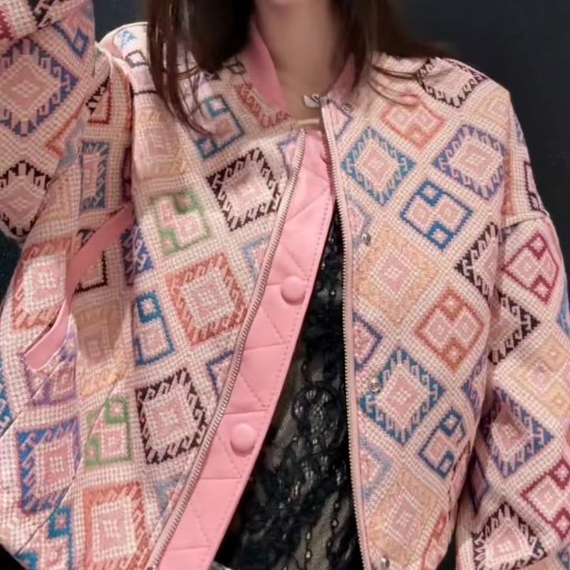 Pink Geometric Jacquard Jacket Women Zip Up Quilted Cotton Short Bomber Vintage Ethnic Loose Coat