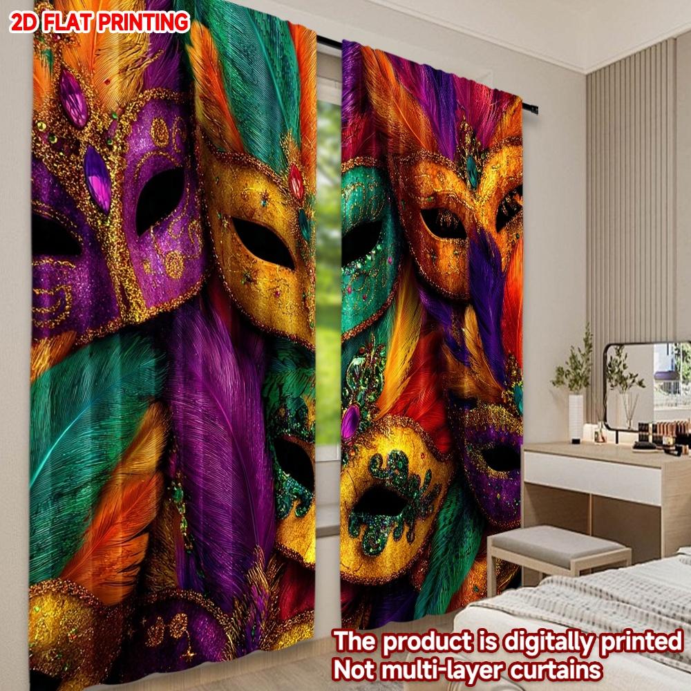 2D Flat Printing 2pcs Curtain Curtains Mardi Gras Colorful Masks(1) Digital Printed Polyester Drapes Party Decorations for