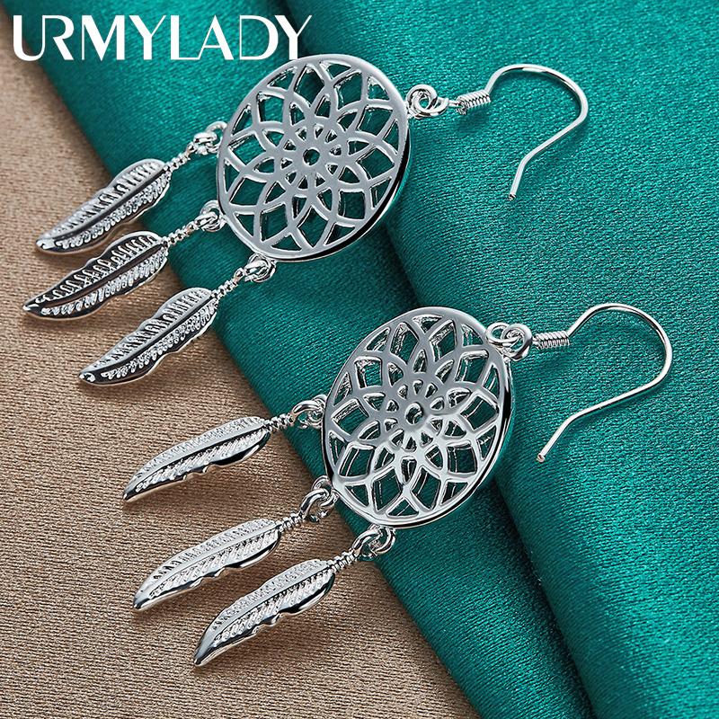 Pendientes redondos de plata de ley 925 con forma de flor y plumas, joyería con dijes