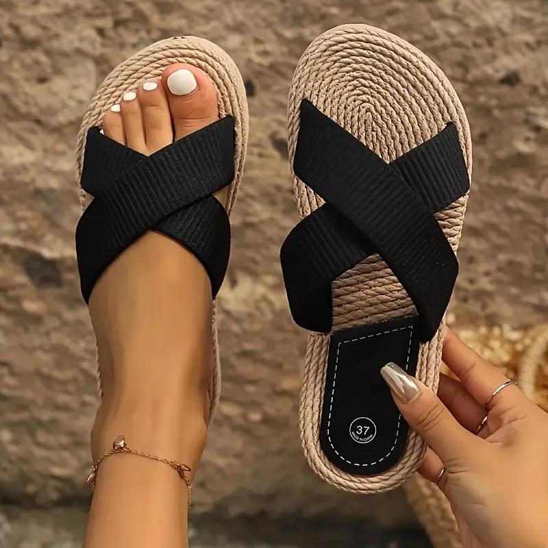 Fashion Women Slippers Open Toe Wedge Slippers 2025 New Retro Anti-slip Sandals Casual Lightweight Flat Shoes Women Home Slides Women