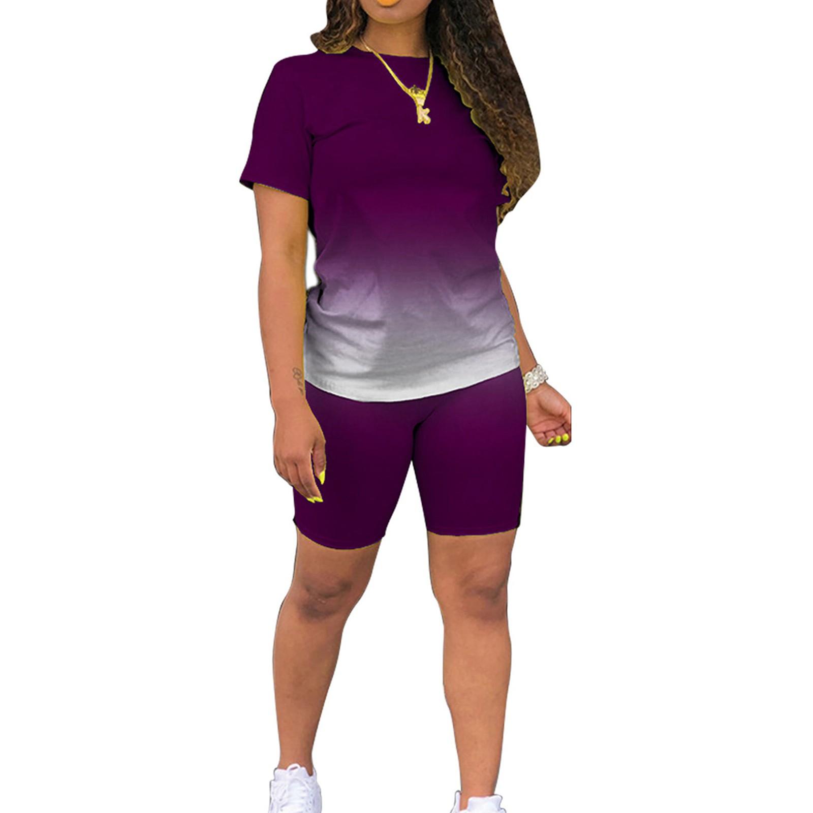 

Летние комплекты из 2 предметов для женщин, футболки с короткими рукавами, брюки, шорты, спортивный костюм с градиентом цвета, спортивная одежда M фиолетовый