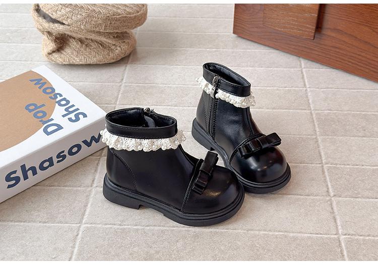 British Style Girls Fleece Lined Bow Pearl Lace Martin Ankle Boots