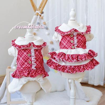 Pet Dog Cat Clothes Autumn Winter with Velvet Red Grid Suspender Fake Two-piece Skirt Four Legged Couple Outfit Puppy Clothes