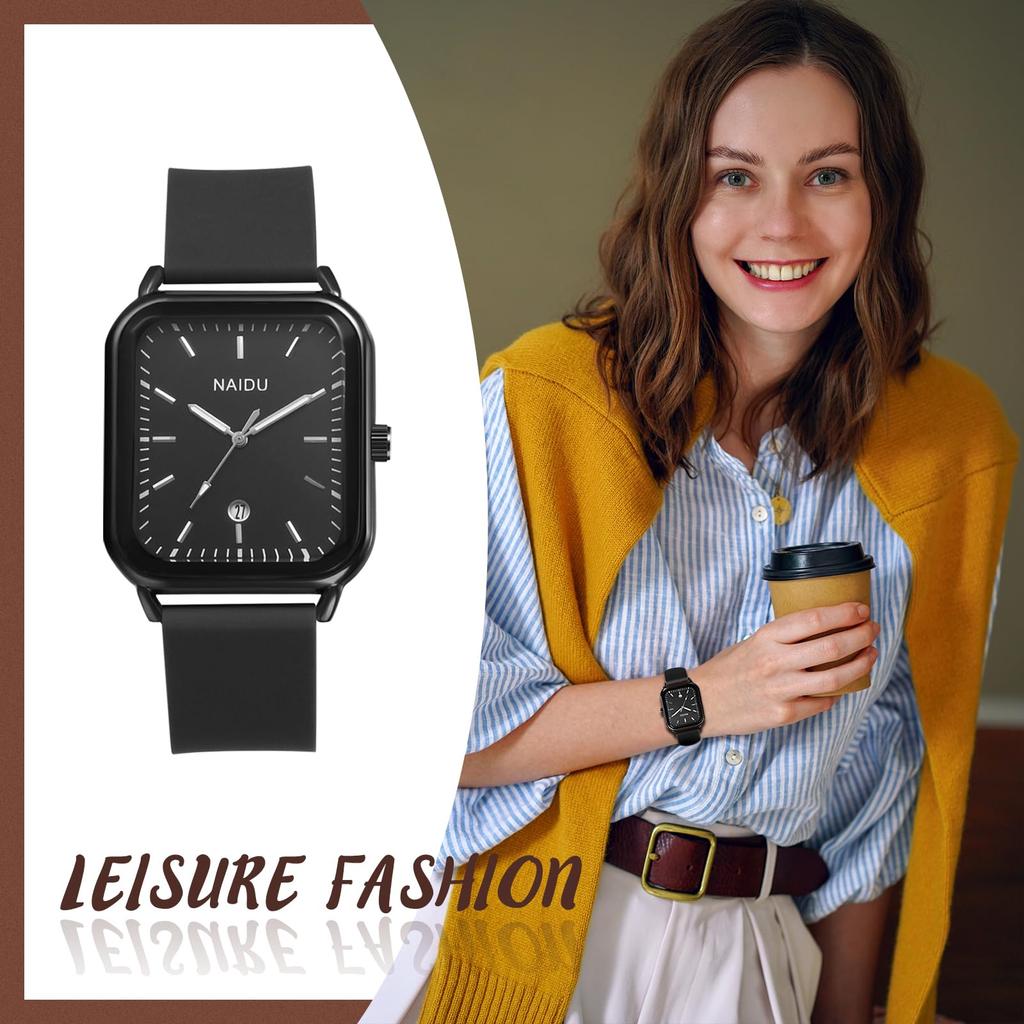 Square Silicone Watch with Calendar and Waterproof Analog Quartz Watch with Rubber Casual and Stylish Black for Men and Women Perfect Gift for or Your