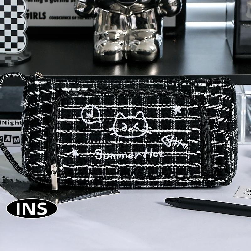 Cute Plaid Cat Pencil Case for Kids Boy Girl Cartoon Large Capacity Multi-Layer School Stationery Bag Students Supplies Gift