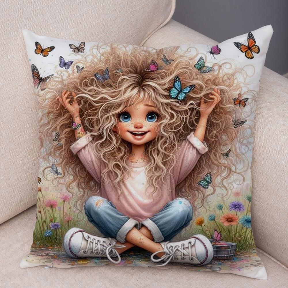 Double Print Cute Cartoon Explosive Hairstyle Cushion Cover Pillowcase Decor for Sofa Home  Super Soft Plush Pillow Case