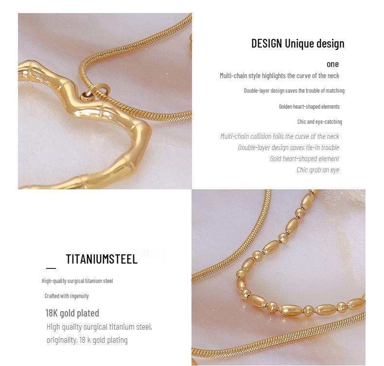 French Chic Double-Layer Heart Pendant Necklace - 18k Gold-Plated Titanium Steel for Women