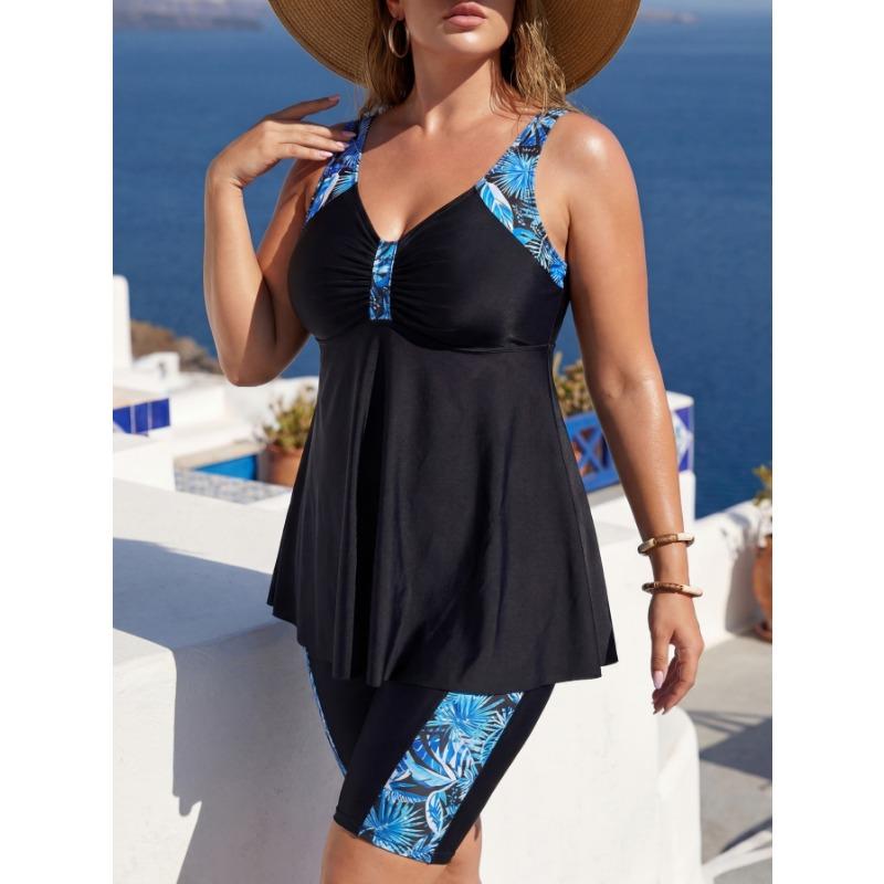 Women S Plus Size Printed Split Tankini Swimsuit Black Leaf Pattern