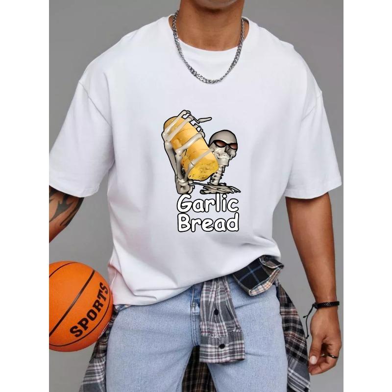 Garlic Bread T Shirt White Skeleton Holding Garlic Bread Graphic and Text Casual Wear for Men and Women
