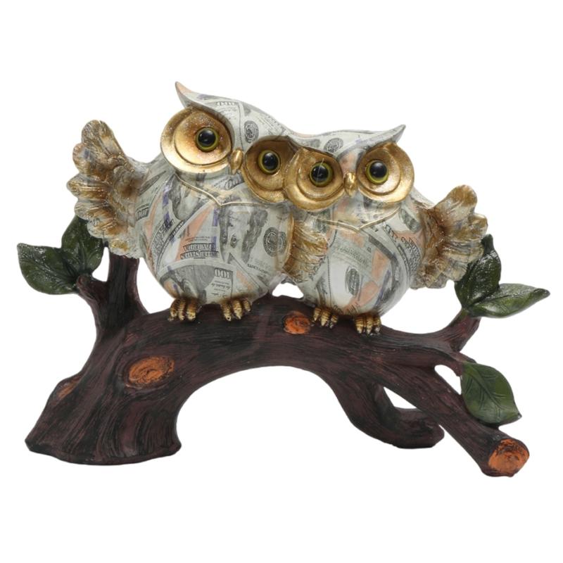 Dollar Print Owl Perching On Tree Branch Sculpture Figurine Water Transfer Handmade Resins Desktop Ornament Home Decors