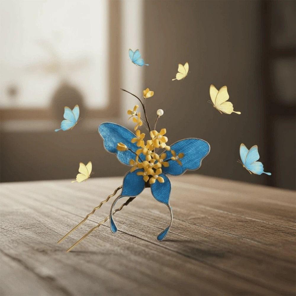 Beautiful Hanfu Butterfly Hair Fork Beads Exquisite Fairy Side Clips  Women