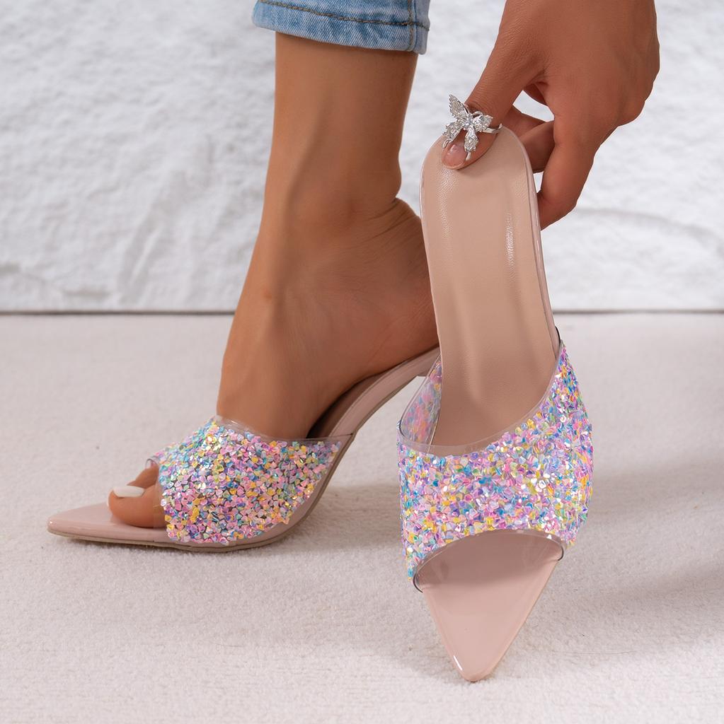 Fashion Summer Women Sandals Pointed Toe High Heels Shoes Women Fashion Crystal Heel Sandals Woman Shiny Sequins Banquet Party Shoes