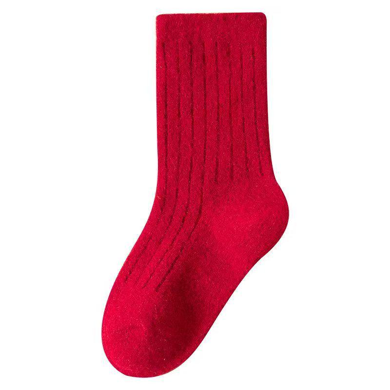Red Warm Fleece-Lined Mid-Calf Socks for Boys and Girls, Solid Color, Ideal for New Year, Thickened for Older Children, Snow Wear.