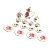 1/12 Dollhouse Miniature Dining Ware Porcelain Tea Set Dish Cup Plate Pot 15Pcs White+Pink/Green