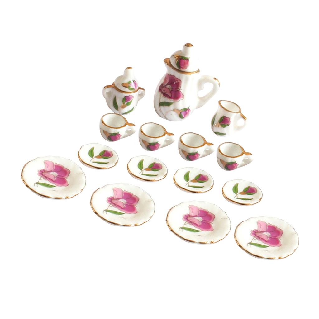 1/12 Dollhouse Miniature Dining Ware Porcelain Tea Set Dish Cup Plate Pot 15Pcs White+Pink/Green
